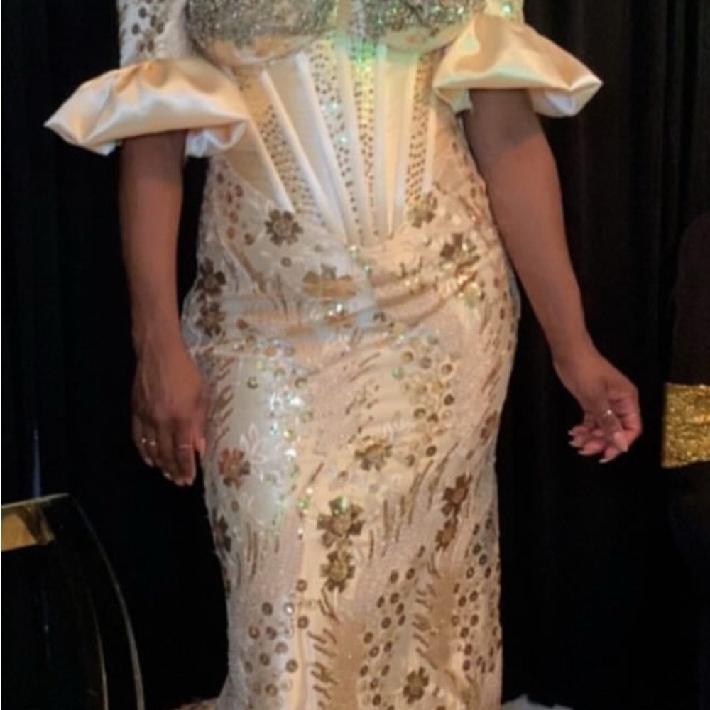Glamorous Gold and Cream Long Sleeve Dress